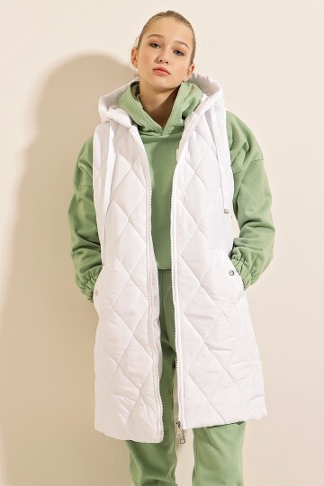 5140 Kapşonlu Uzun Şişme Yelek - Düz Beyaz