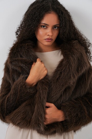 5186 Kruvaze Peluş Kürk Kaban - Kahverengi
