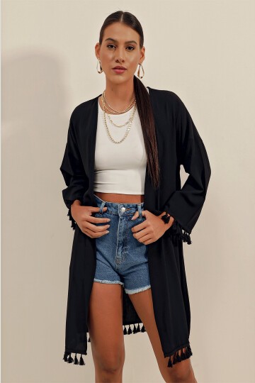 5833 Fırfırlı Kimono - Siyah