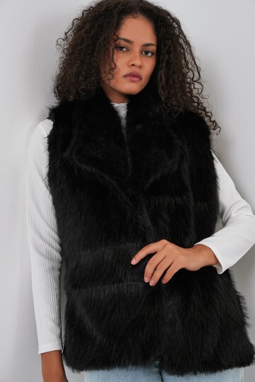 6804 Kadın Kürklü Yelek - Siyah
