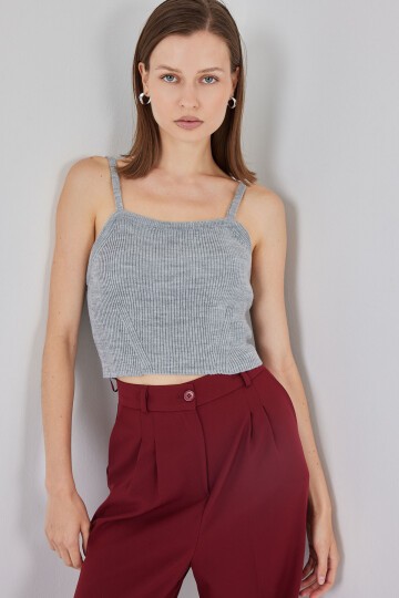 Kadın Askılı Crop Top Bluz 15934 - Gri