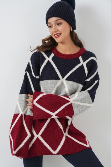 Kadın Baklava Desenli Oversize Uzun Kazak 15931 - Bordo