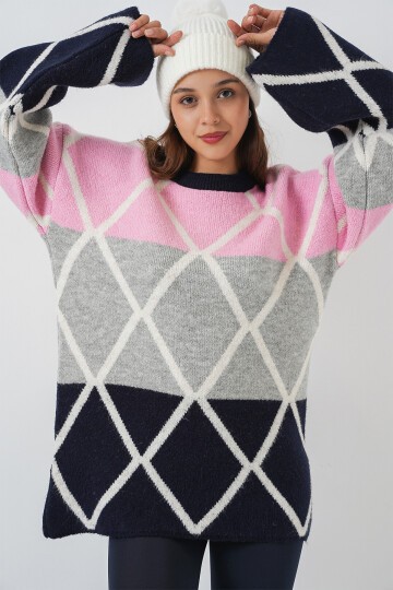 Kadın Baklava Desenli Oversize Uzun Kazak 15931 - Lacivert