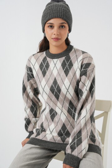 Kadın Baklava Desenli Triko Kazak 15929 - Gri