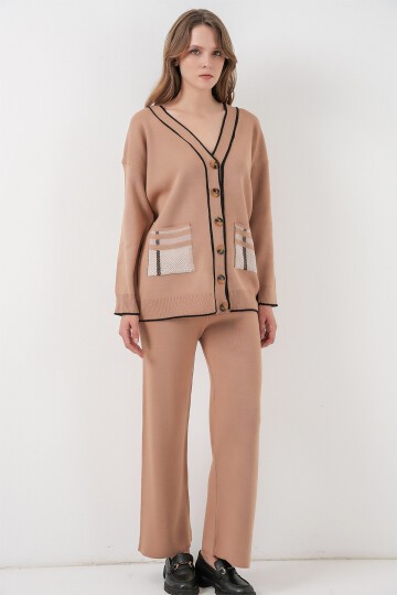 Kadın Cepli Hırka Triko İkili Takım 15964 - Camel