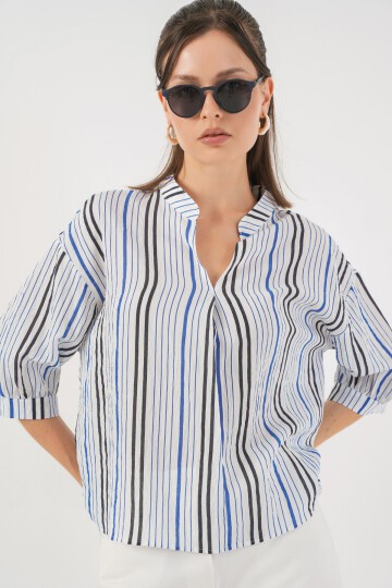 Kadın Çizgili Oversize Bluz 967 - Lacivert