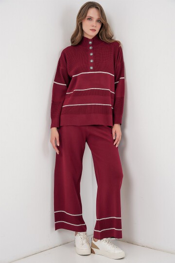 Kadın Çizgili Oversize Triko İkili Takım 15957 - Bordo