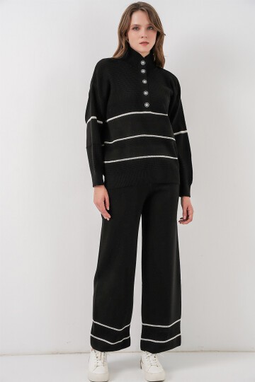 Kadın Çizgili Oversize Triko İkili Takım 15957 - Siyah