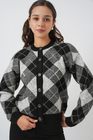 Kadın Desenli Düğmeli Triko Hırka 15927 - Siyah