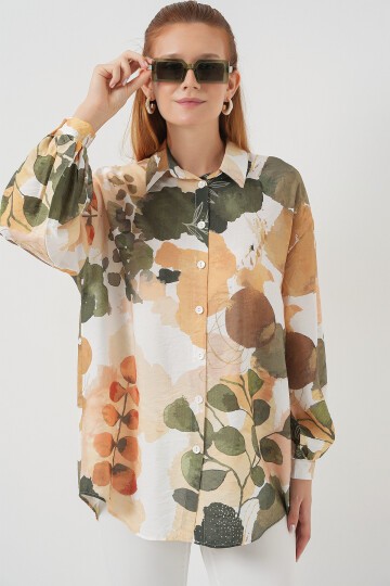 Kadın Desenli Overize Gömlek Tunik 5971 - Çağla