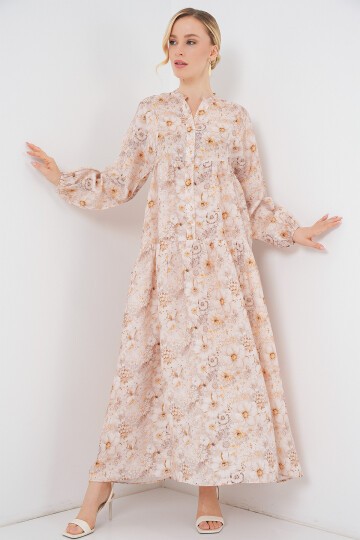 Kadın Desenli Tesettür Elbise 2583 - Bej