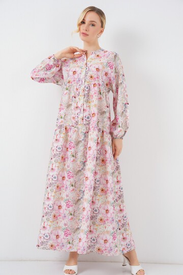 Kadın Desenli Tesettür Elbise 2583 - Pembe