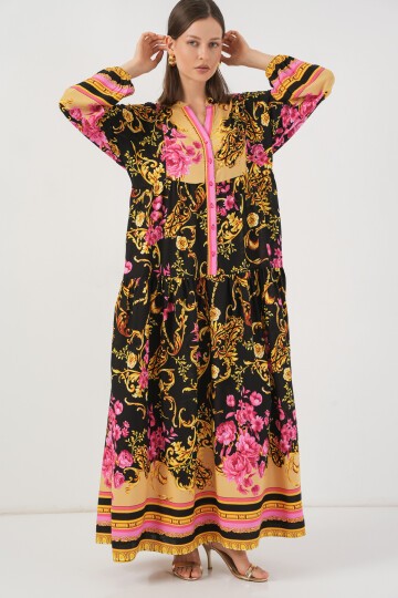 Kadın Desenli Uzun Tesettür Elbise 2585 - B.Sarı