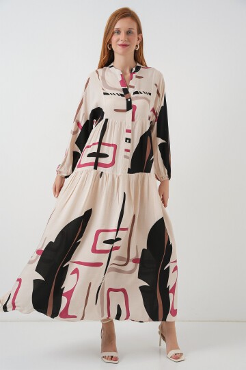 Kadın Desenli Uzun Tesettür Elbise 2585 - C.Krem