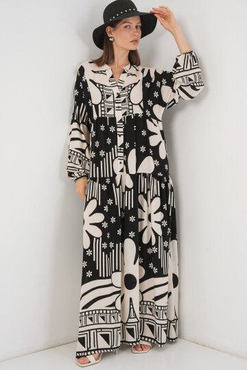 Kadın Desenli Uzun Tesettür Elbise 2585 - D. Siyah