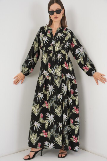 Kadın Desenli Uzun Tesettür Elbise 2585 - K. Siyah