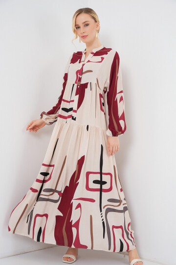 Kadın Desenli Uzun Tesettür Elbise 2585 - M. Krem