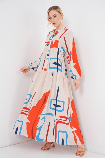 Kadın Desenli Uzun Tesettür Elbise 2585 - Turuncu