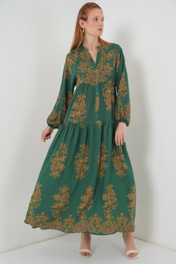 Kadın Desenli Uzun Tesettür Elbise 2585 - Y.Zümrüt