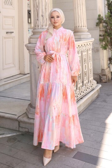 Kadın Desenli Uzun Tesettür Elbise 2586 - Pembe