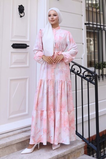 Kadın Desenli Uzun Tesettür Elbise 2586 - Pudra