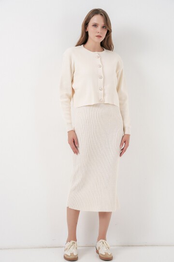 Kadın Hırka Elbise Triko İkili Takım 15960 - Ekru