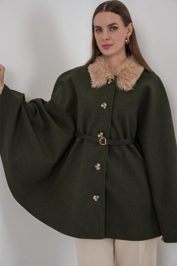 Kadın Kemerli Kaşe Panço 9165 - Haki