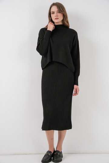 Kadın Kısa Kazaklı Triko Elbise 15958 - Siyah