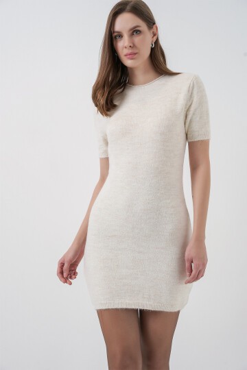 Kadın Kısa Kol Triko Elbise 15950 - Krem