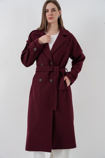 Kadın Kuşaklı Kaşe Kaban 9161 - Bordo