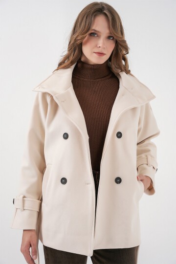 Kadın Kuşaklı Kaşe Kaban 9162 - Ekru