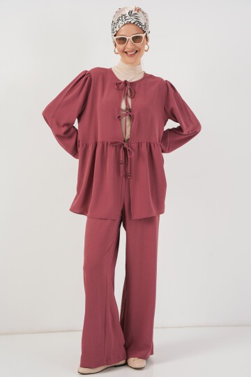 Kadın Önü Bağcıklı Tunik Pantolon İkili Takım 6744 - Gül Kurusu