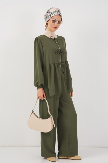 Kadın Önü Bağcıklı Tunik Pantolon İkili Takım 6744 - Haki