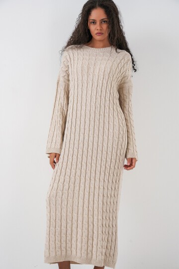 Kadın Örgülü Uzun Tiko Elbise 15944 - Krem