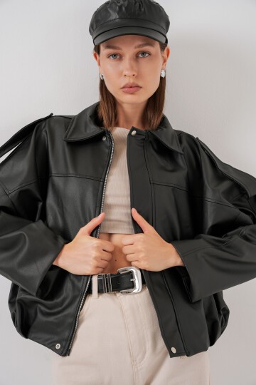 Kadın Oversize Deri Ceket 1055 - Siyah