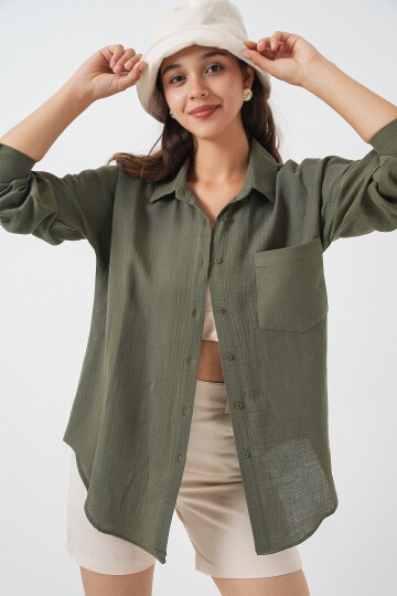 Kadın Tek Cepli Oversize Müslin Gömlek 20353 - Haki