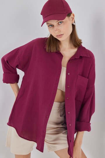 Kadın Tek Cepli Oversize Müslin Gömlek 20353 - Mürdüm