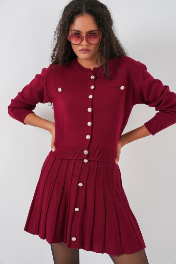 Kadın Triko Hırka Etek İkili Takım 15942 - Bordo