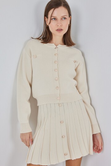 Kadın Triko Hırka Etek İkili Takım 15942 - Krem