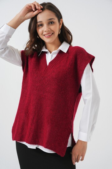 Kadın V Yaka Triko Süveter 15925 - Bordo