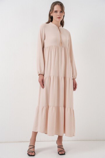 T1627 Yaka Bağcıklı Elbise - C. Bej