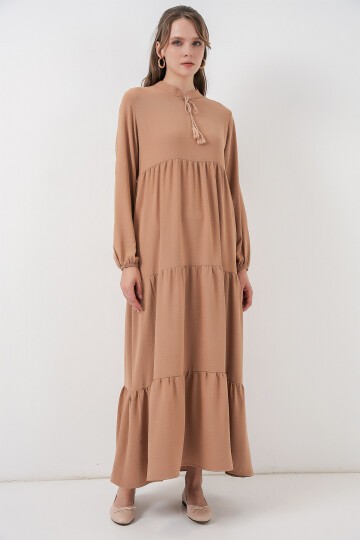 T1627 Yaka Bağcıklı Elbise - D.Vizon