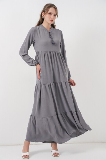 T1627 Yaka Bağcıklı Elbise - Gri