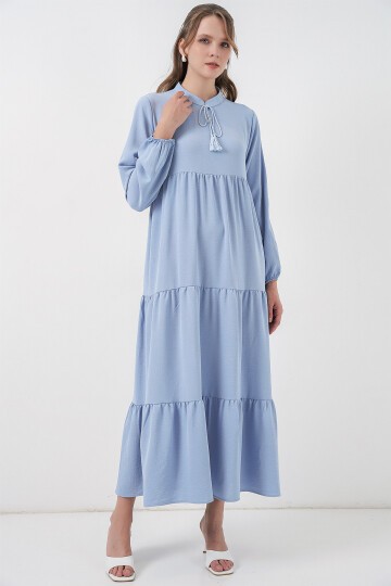 T1627 Yaka Bağcıklı Elbise - Koyu Mavi