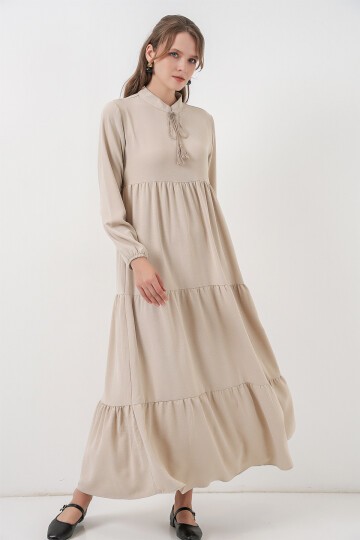 T1627 Yaka Bağcıklı Elbise - Taş