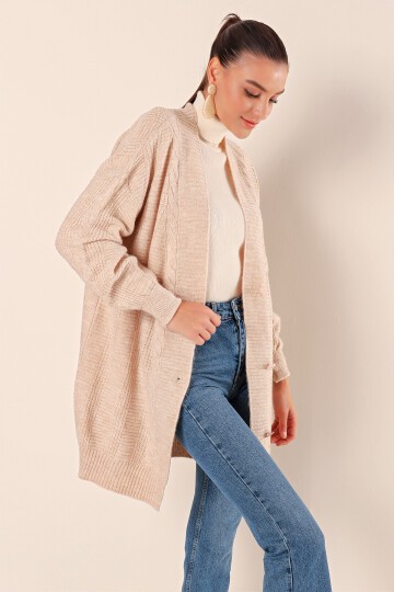 15768 Tesettür Triko Hırka - Krem