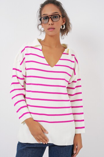 15778 Çizgili Oversize Kazak - Fuşya