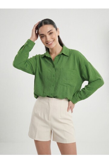 20153 Tek Cepli Oversize Keten Gömlek - G.Yeşil