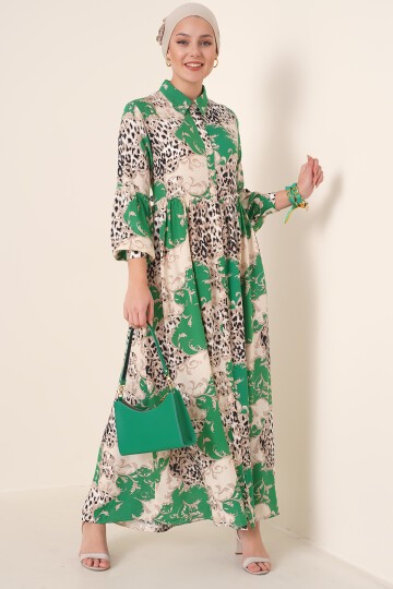 2295 Gömlek Yaka Tesettür Elbise - Yeşil
