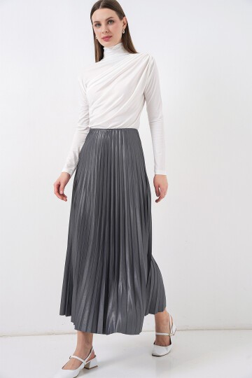 8009 Deri Görünümlü Piliseli Etek - Gri